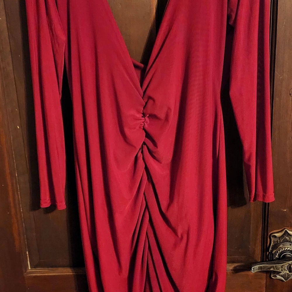 PLT Plus Burgundy slinky mesh sleeve dress - Picture 2 of 2